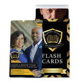 Image of the front of Lamar & Ronnie Tyler's flashcard with their company name, website, and social media handles. Second image is of the flashcards box with George C. Fraser's flashcard sticking out the top of the opened box. 