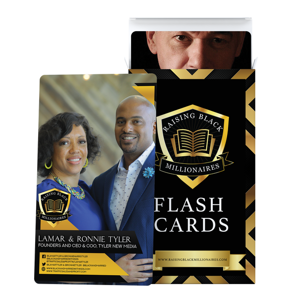 Image of the front of Lamar & Ronnie Tyler's flashcard with their company name, website, and social media handles. Second image is of the flashcards box with George C. Fraser's flashcard sticking out the top of the opened box. 
